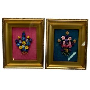 Vintage Miniature Ribbon Embroidery Floral Art Gold Shadowbox Frames Set of 2
